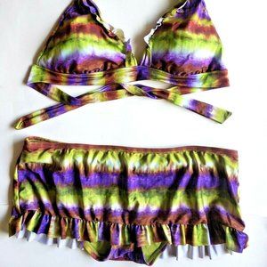 NEW Bisou Bisou Skirted Bikini Set Swimsuit 2pc Halter Ombre Purple Green